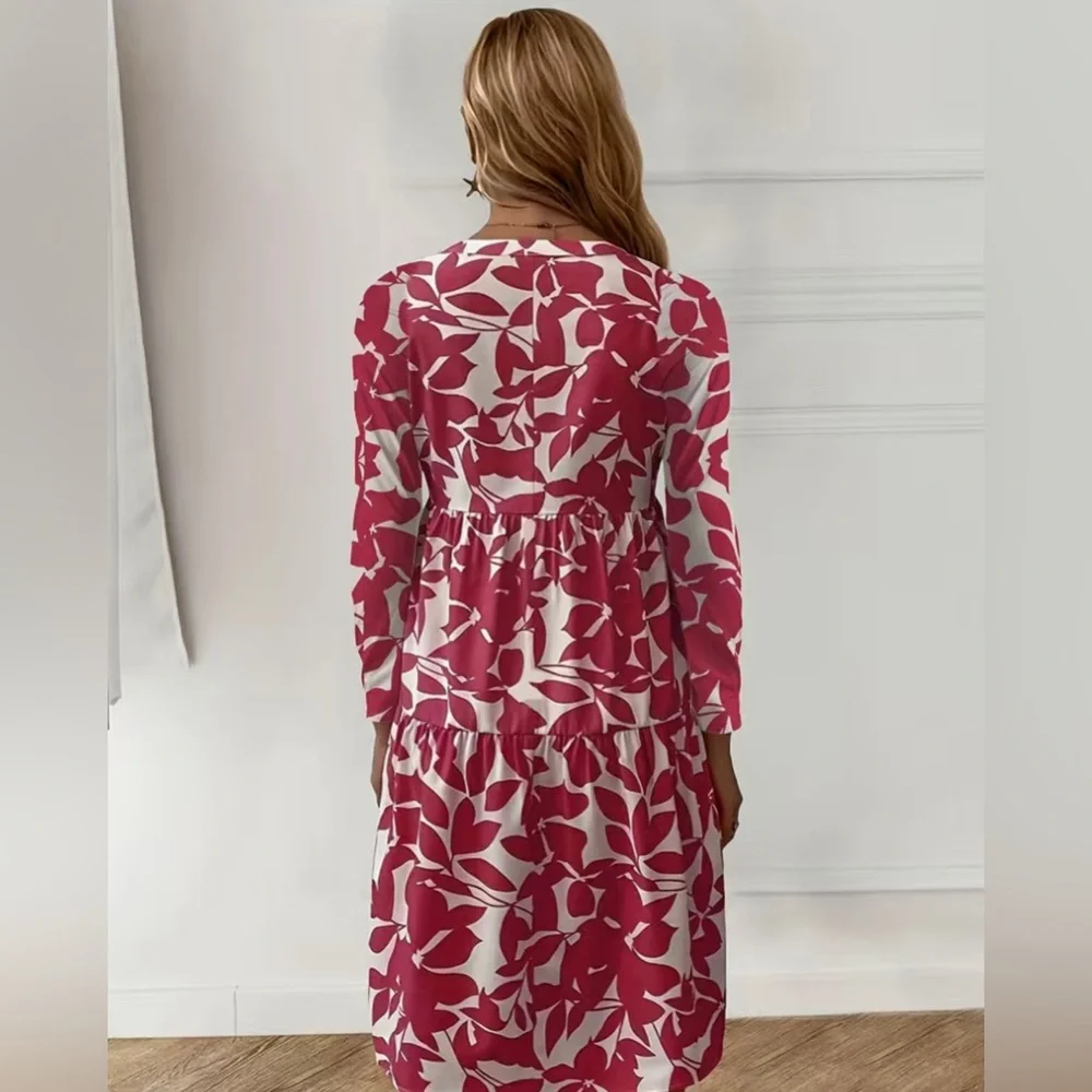 NWT Fall Long Sleeve Plant Print Dress in White and Burgundy  Red Color. - Picture 2 of 13